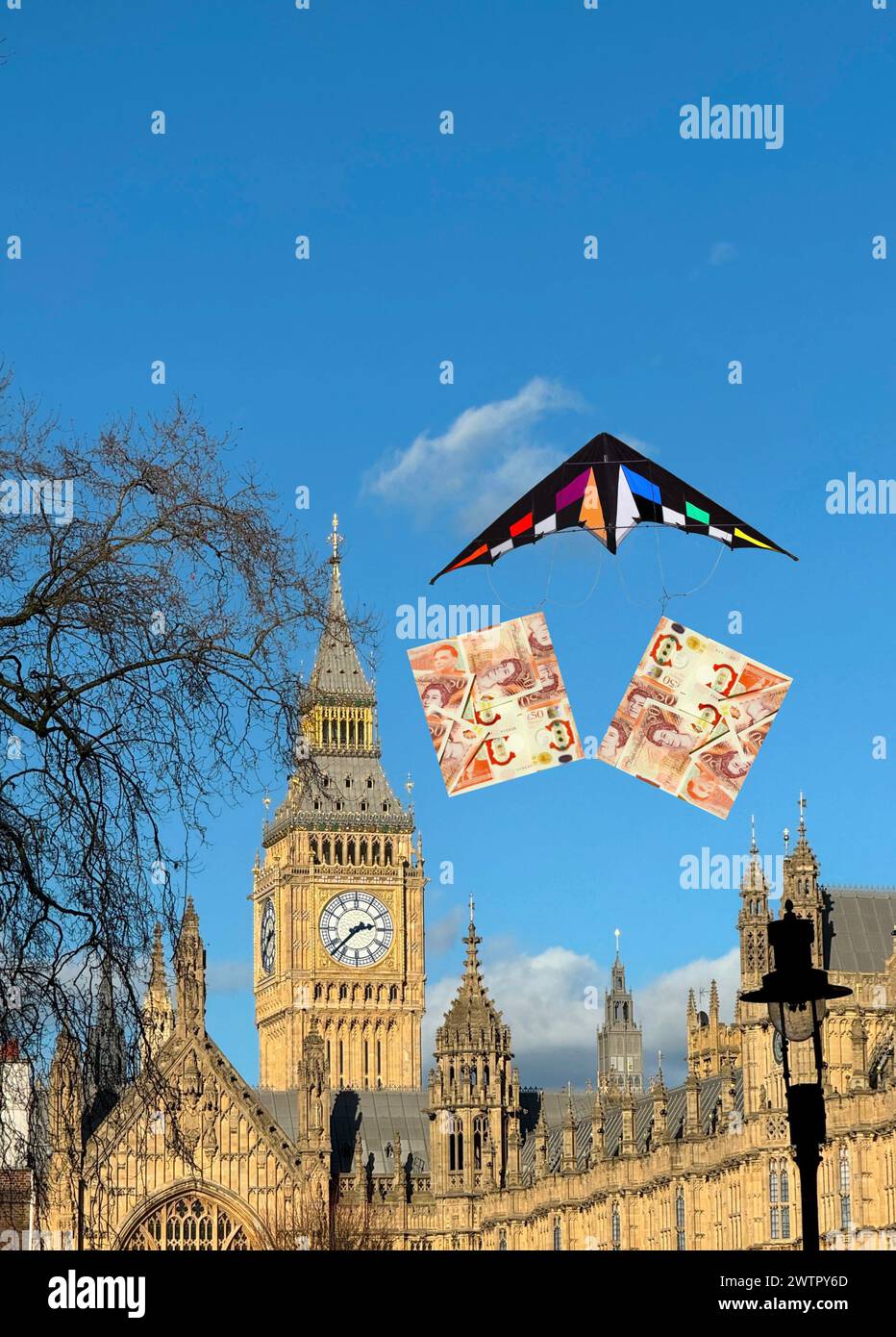 Satire. Résumé quotidien. Westminster. Argent. Dons des partis politiques. Cerf-volant. Aile Delta. Billets de cinquante livres. Ciel bleu. Palais de Westminster. Arbre. Billets de banque. Concept, design numérique, photographie et coloriage par Russell Moore. Voir la page du portfolio Russell Moore pour plus d'images. Banque D'Images
