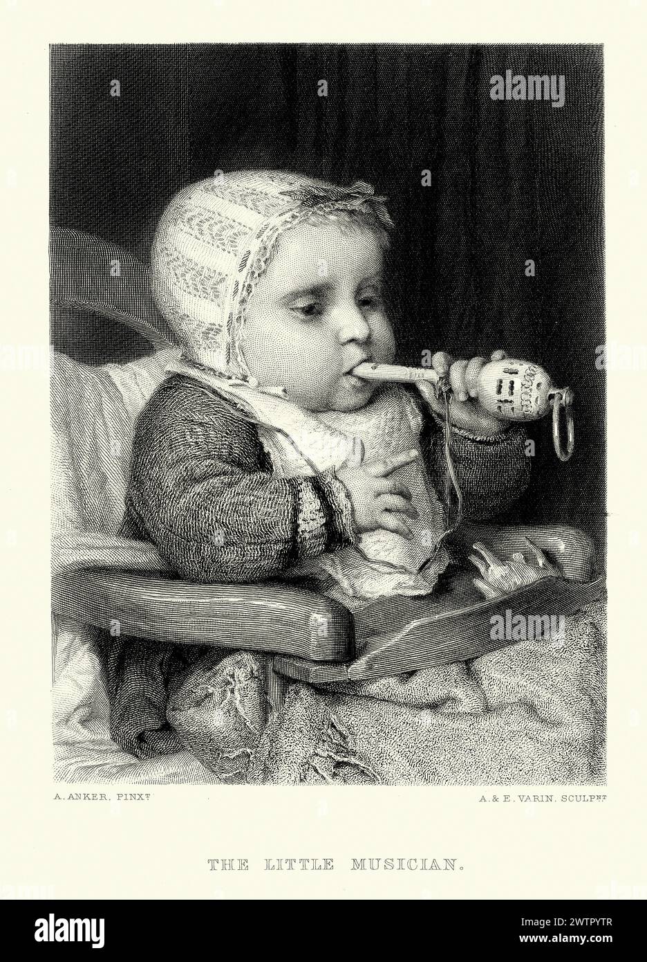 Illustration vintage le petit musicien, bébé en chaise haute jouant avec le hochet, victorien, 19ème siècle des années 1870 Banque D'Images