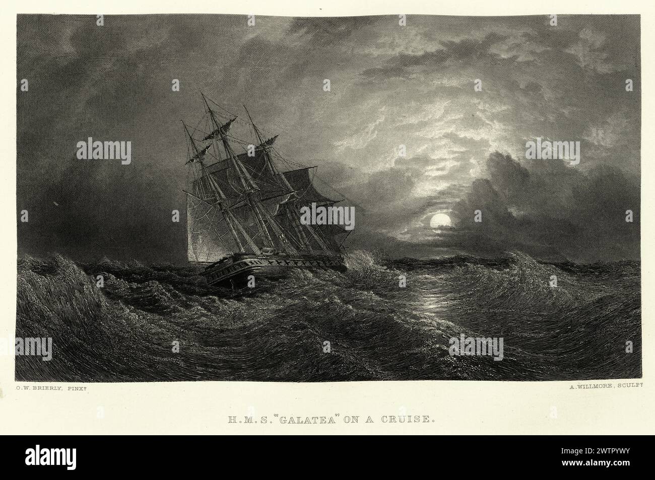 Illustration vintage HMS Galatea sur une croisière, navire de guerre de la marine royale naviguant hors d'une tempête, art du 19ème siècle Banque D'Images