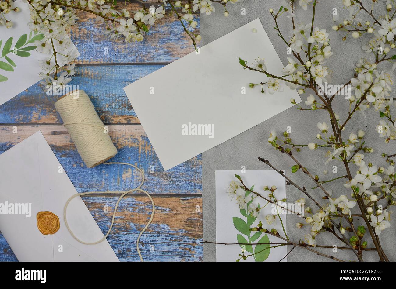 Brindilles florissantes avec des fleurs blanches, des feuilles peintes et une feuille de papier vide à remplir avec du contenu sur fond en bois, vue de dessus. Printemps. Banque D'Images