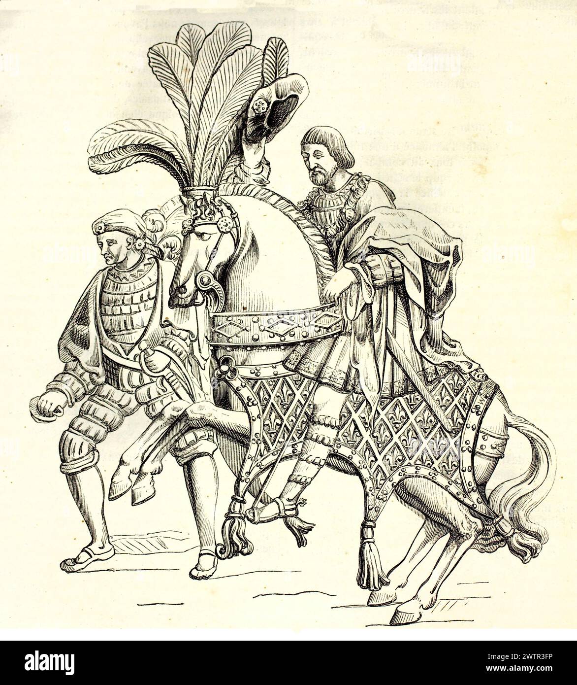 Ancienne reproduction gravée du bas relief de Bourghteroulde représentant François Ier à cheval, publiée dans Magazin pittoresque, Paris, 1852. Banque D'Images