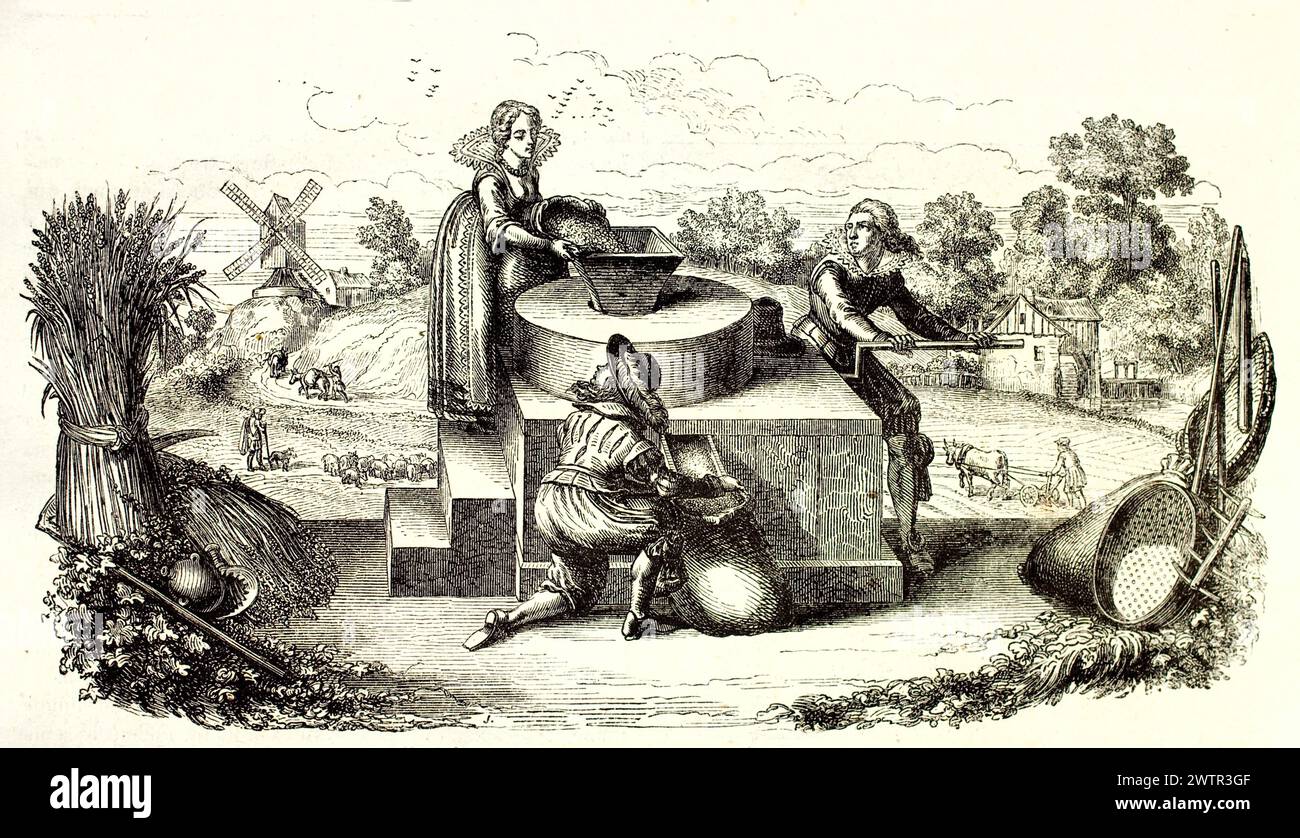 Vieille illustration gravée d'hommes et d'une femme broyant du grain dans un moulin à main dans un cadre rural. Après l'estampe allemande du XVIIe siècle. Publié en 1852. Banque D'Images