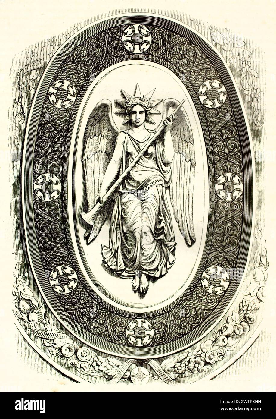 Figurine ailée avec trompette à l'intérieur d'un médaillon orné de Simart, symbole du message divin ou du jugement. Gravé par Chevalier-Chevignart, publié en 1852. Banque D'Images