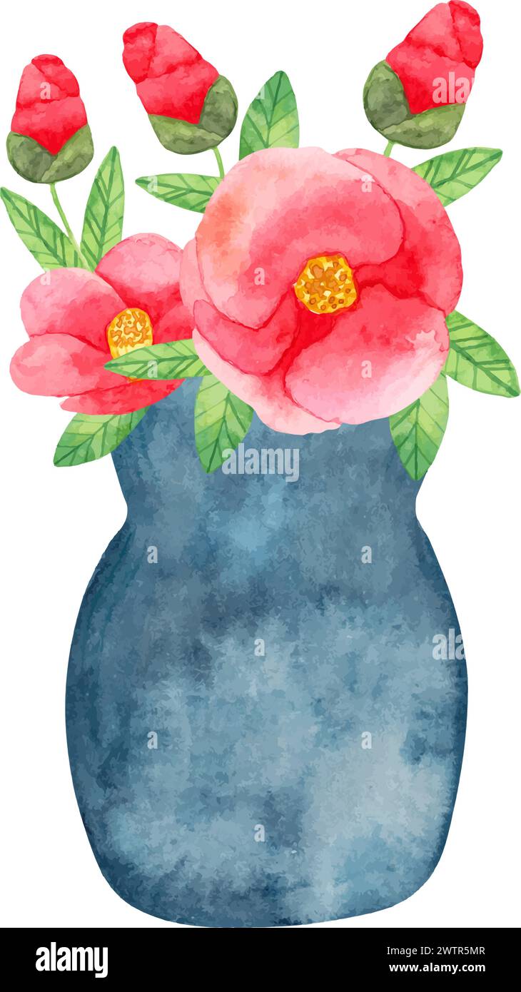 Arrangement de camélia dans un vase.illustration aquarelle.bouquet de fleurs sauvages avec des feuilles.dessin à la main.style stylisé simple. Printemps botanique Illustration de Vecteur