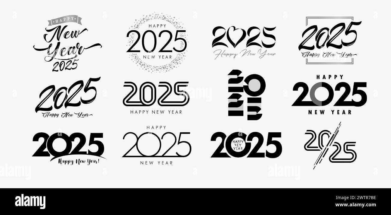 Mega ensemble de logos 2025 Happy New Year texte design. Bonne année 2025, concept d'affaires pour carte de voeux ou couverture de calendrier. Illustration vectorielle Illustration de Vecteur