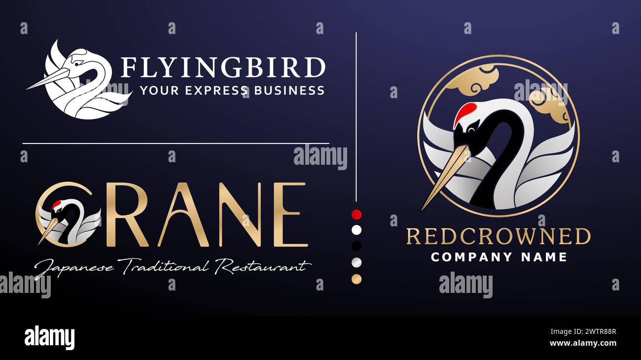 illustration d'un logotype d'oiseau de grue couronné rouge, applicable pour les affaires, la société, l'entreprise, le restaurant, bistrot, badge et symboles alimentaires traditionnels Illustration de Vecteur