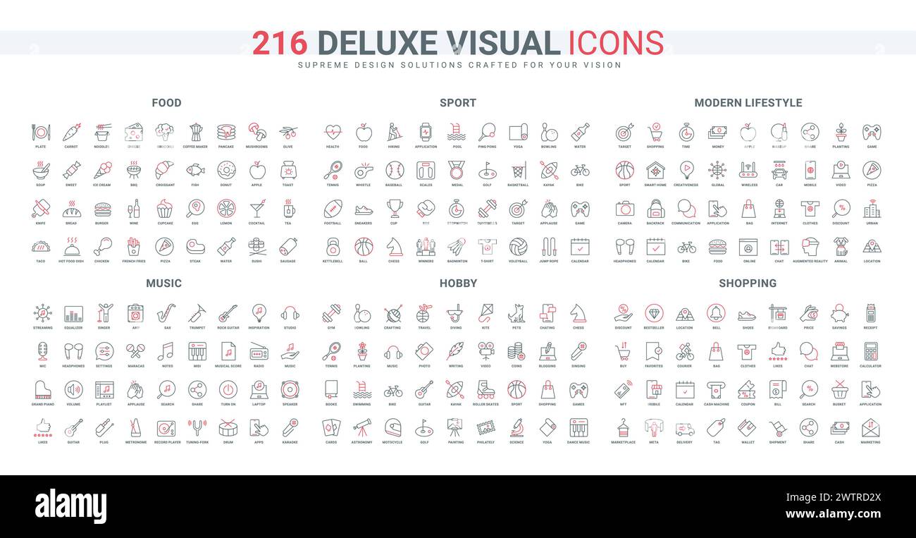 Achats en ligne et livraison, passe-temps et jeux de sport pour les icônes de ligne de santé ensemble. Recherchez et partagez la liste de lecture musicale, la radio et les paramètres de l'application mobile illustration vectorielle de symboles de contour noir et rouge mince Illustration de Vecteur