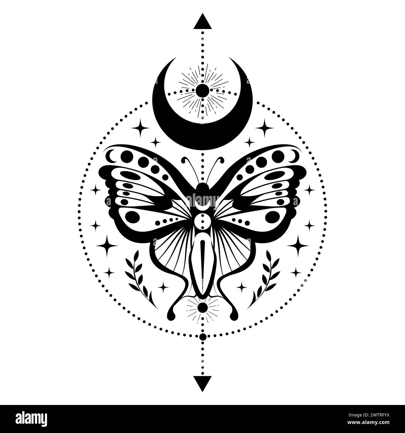 Papillon noir mystique, papillon magique et croissant de lune, symboles sacrés pour la sorcellerie, occulte, ésotérisme, impression, affiche, tatouage. Vecteur païen magique Illustration de Vecteur