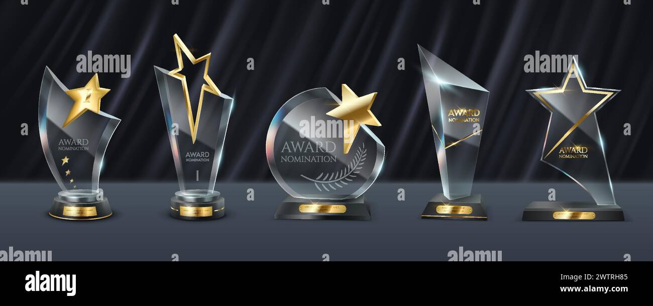 Trophées en verre brillants avec des étoiles d'or ensemble d'illustration vectorielle réaliste. Leadership Award modèles 3D sur la collection de fond de draperie noire Illustration de Vecteur