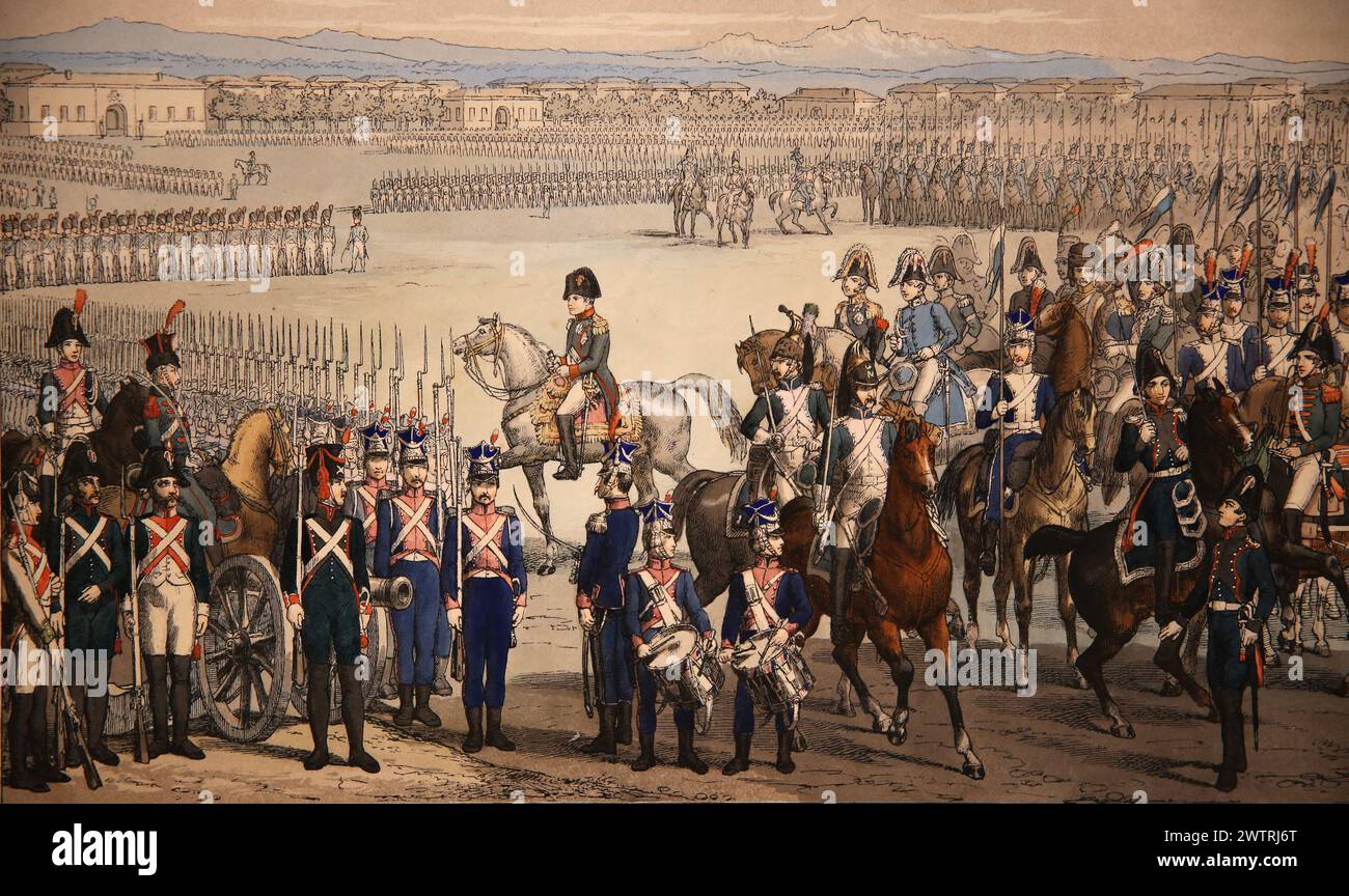 Italie. Occupation française. Royaume d'Italie (Roi Napoléon)1805-1814. Inspection des forces militaires italiennes et polonaises, 1805. Litographjy, 1845. Banque D'Images