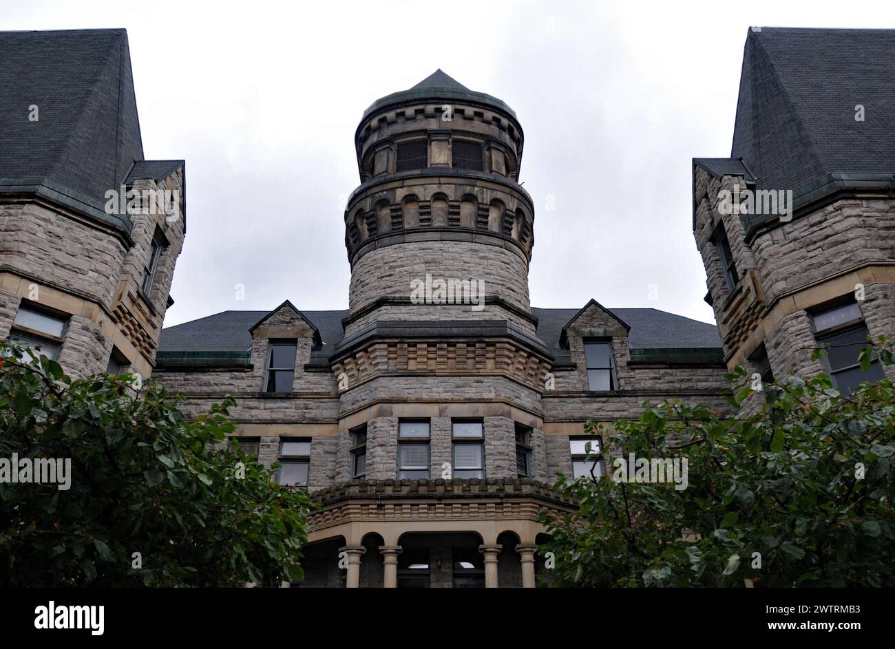 Détail du bâtiment administratif de l'historique Ohio State Reformatory à Mansfield, maintenant une attraction touristique populaire et lieu de tournage. Banque D'Images