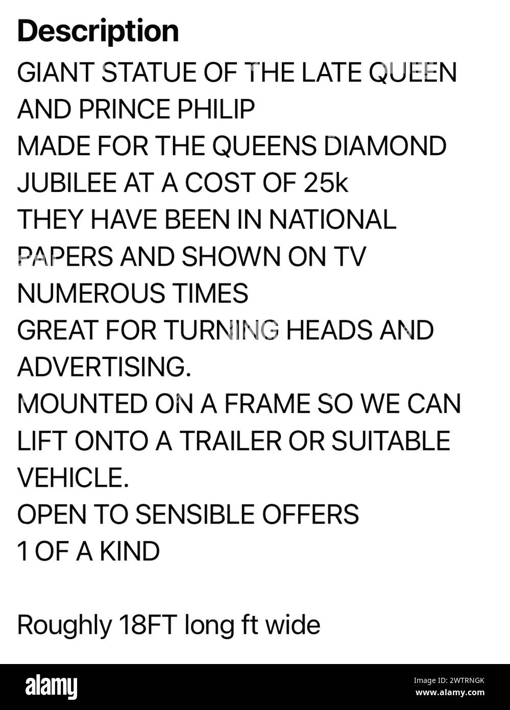 Windsor, Royaume-Uni. 19 mars 2024. Les statues géantes de la défunte reine Elizabeth II et du prince Philip, duc d'Édimbourg, ont été cotées sur Facebook Marketplace à vendre à Windsor, Berkshire pour £2 000. Les statues de 12 pieds ont été faites par le retraité Ben Bennett pour célébrer le Jubilé de diamant et il a déjà été offert £50 000 pour eux. La publicité (sur la photo) dit : « la statue géante de la défunte reine et du prince Philip faite pour le jubilé de diamant de la reine a coûté 25 000 £. Ils ont été dans les journaux nationaux et montrés à la télévision de nombreuses fois. Idéal pour tourner les têtes et la publicité. Crédit : Maureen McLe Banque D'Images