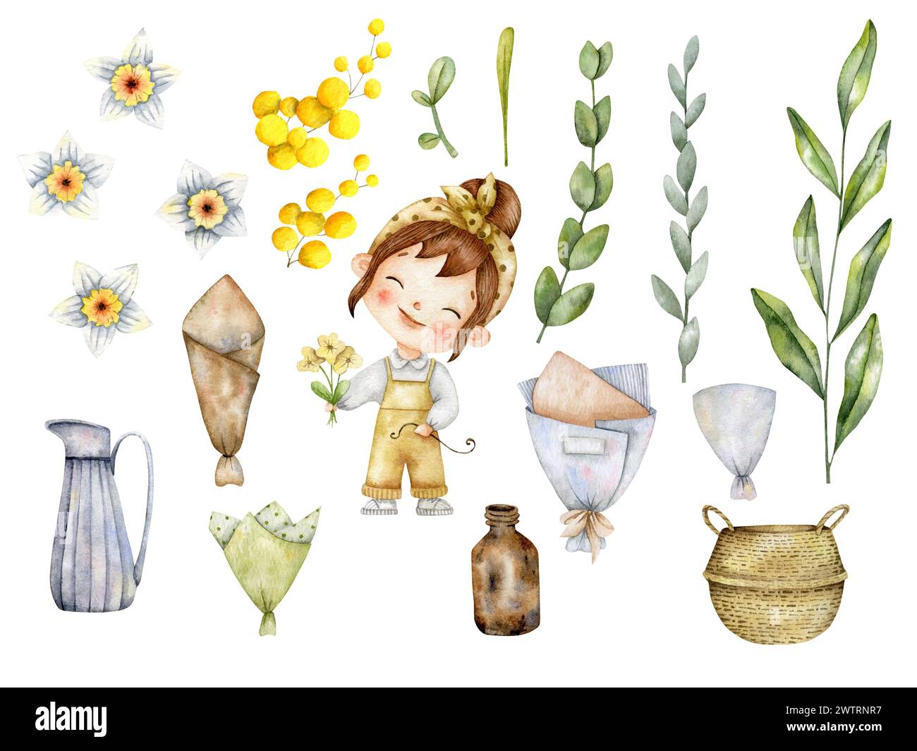 Illustration d'aquarelle dessinée à la main avec fleuriste fille et fleurs, feuilles, emballage, vases pour bouquets. Ensemble de magasin de fleurs pour décorer et concevoir ainsi Banque D'Images