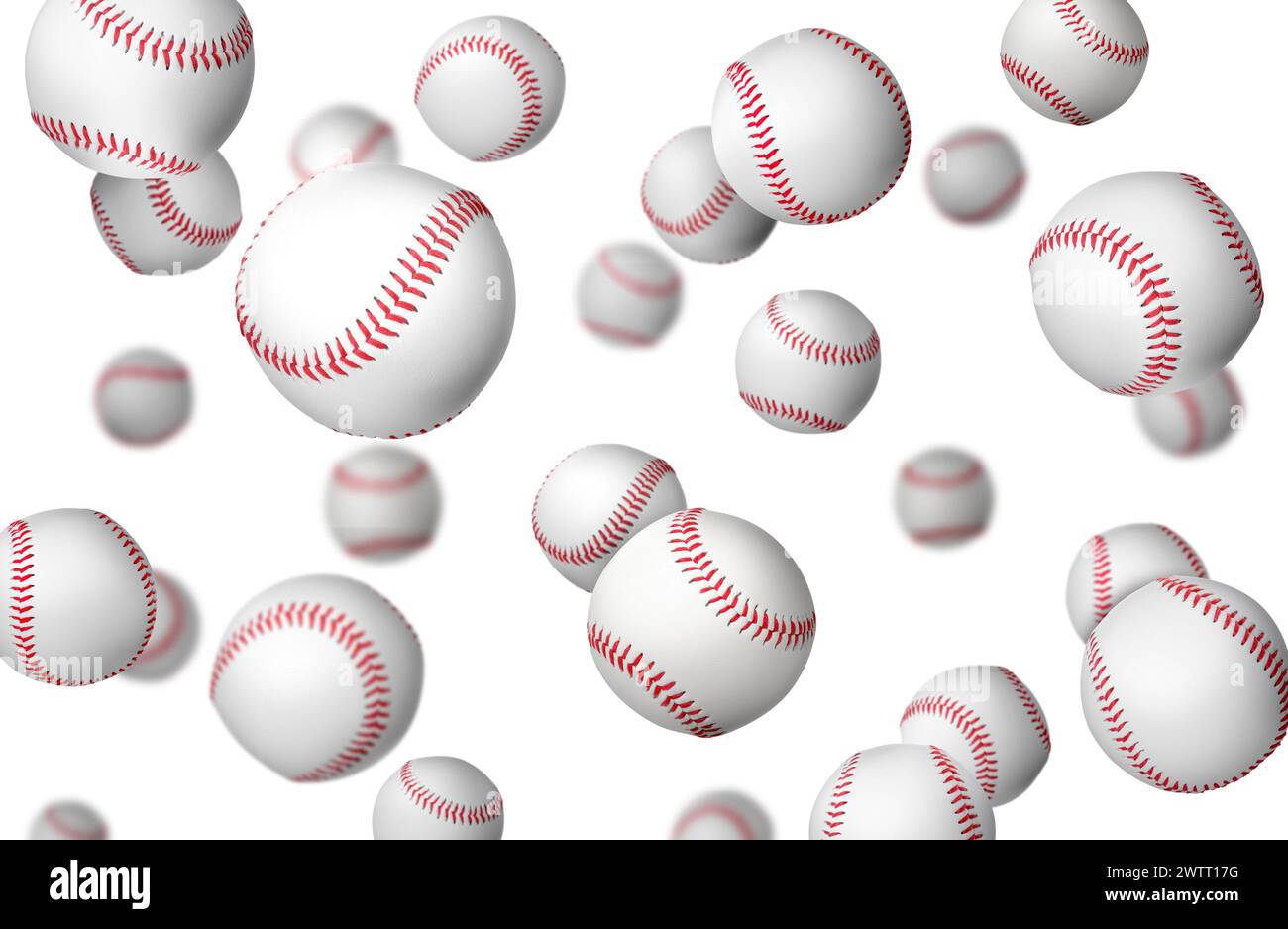 De nombreuses balles de baseball tombent sur fond blanc Banque D'Images