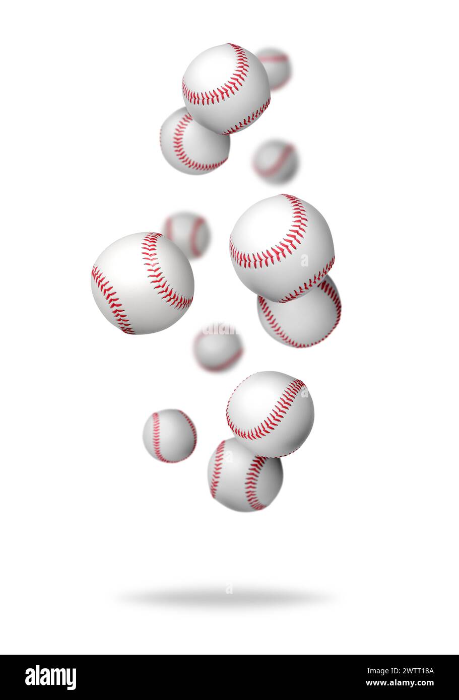De nombreuses balles de baseball tombent sur fond blanc Banque D'Images
