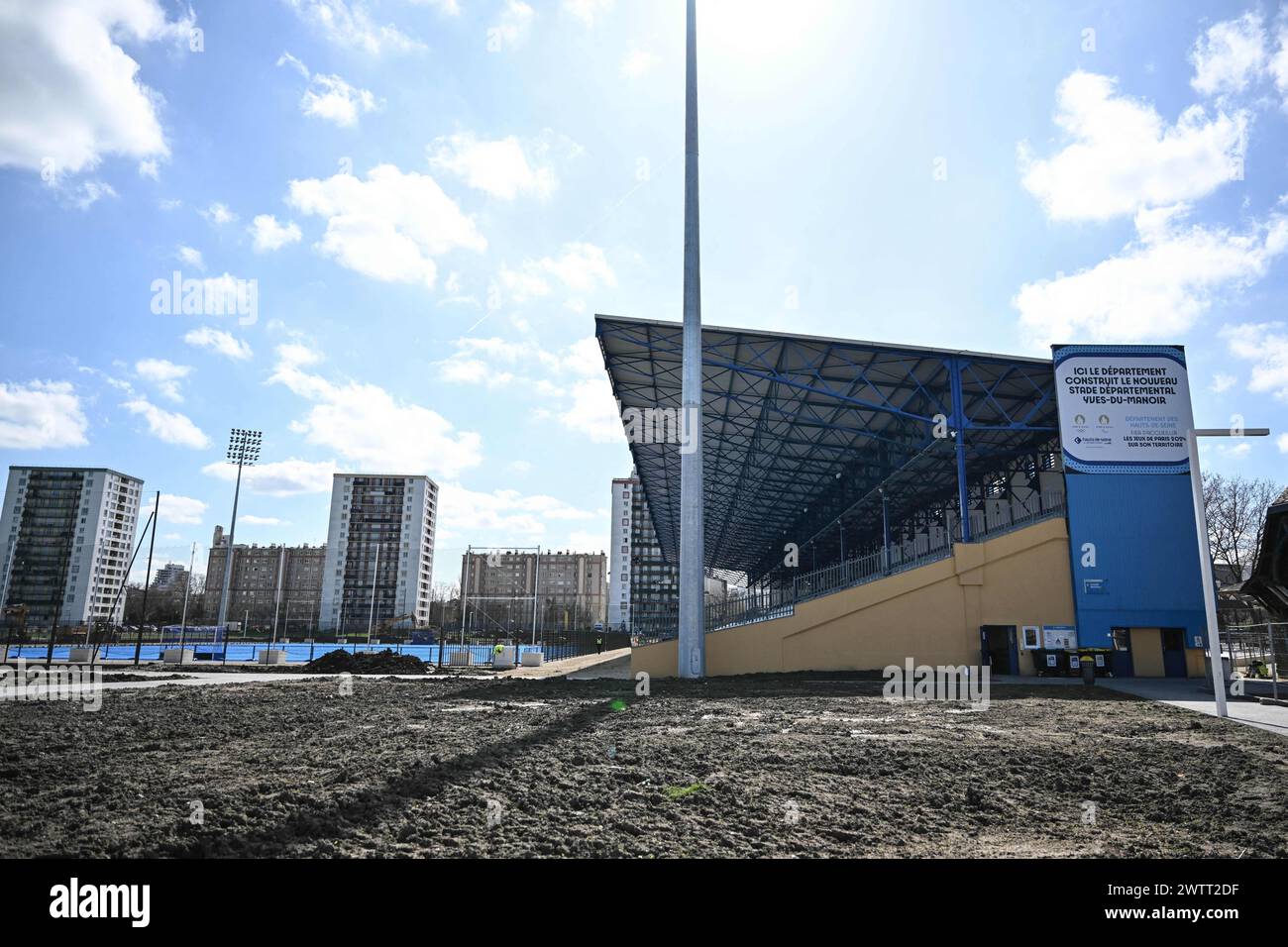 Illustration de l'emblématique stade Yves-du-Manoir le 19 mars 2024. Situé à Colombes, le stade accueillera des compétitions de hockey sur gazon pendant les Jeux Olympiques de Paris 2024. Elle avait déjà accueilli les cérémonies d'ouverture et de clôture des Jeux olympiques d'été de 1924, à l'occasion de la VIIIe Olympiade. Photo de Tomas Stevens/ABACAPRESS.COM Banque D'Images