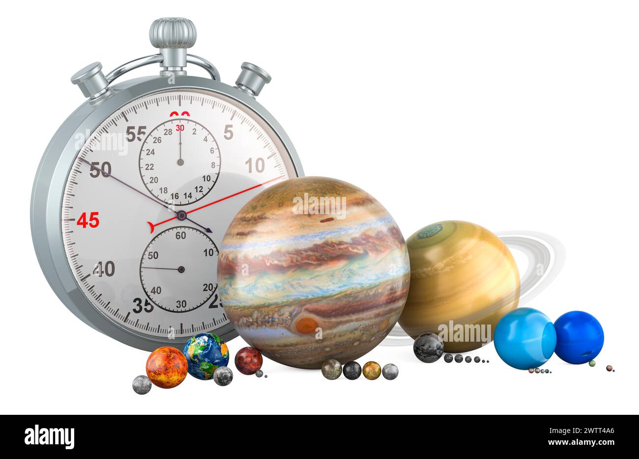 Planètes du système solaire avec chronomètre. Rendu 3D isolé sur fond blanc Banque D'Images