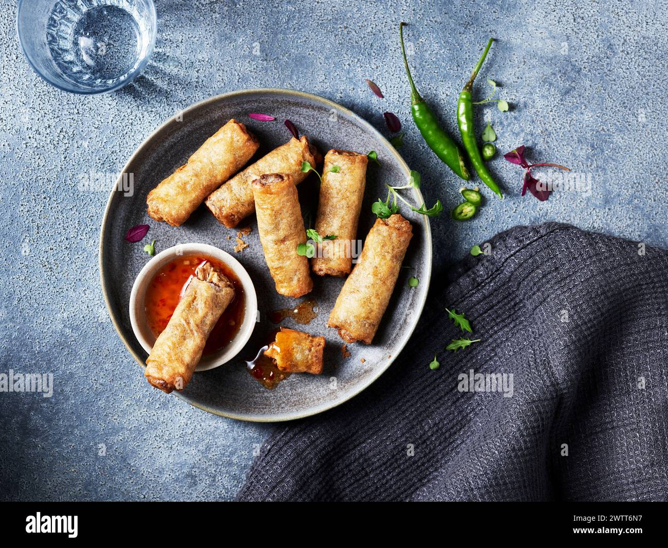 Rouleaux de printemps salés servis sur une assiette en pierre avec sauce trempette Banque D'Images