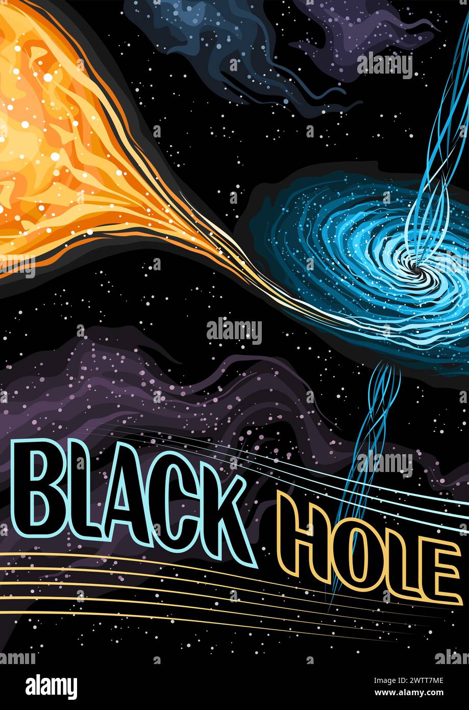 Affiche vectorielle pour trou noir, bannière verticale avec illustration de nuages de matière torsadés autour du pulsar et des jets d'art de ligne sur fond étoilé noir, d Illustration de Vecteur