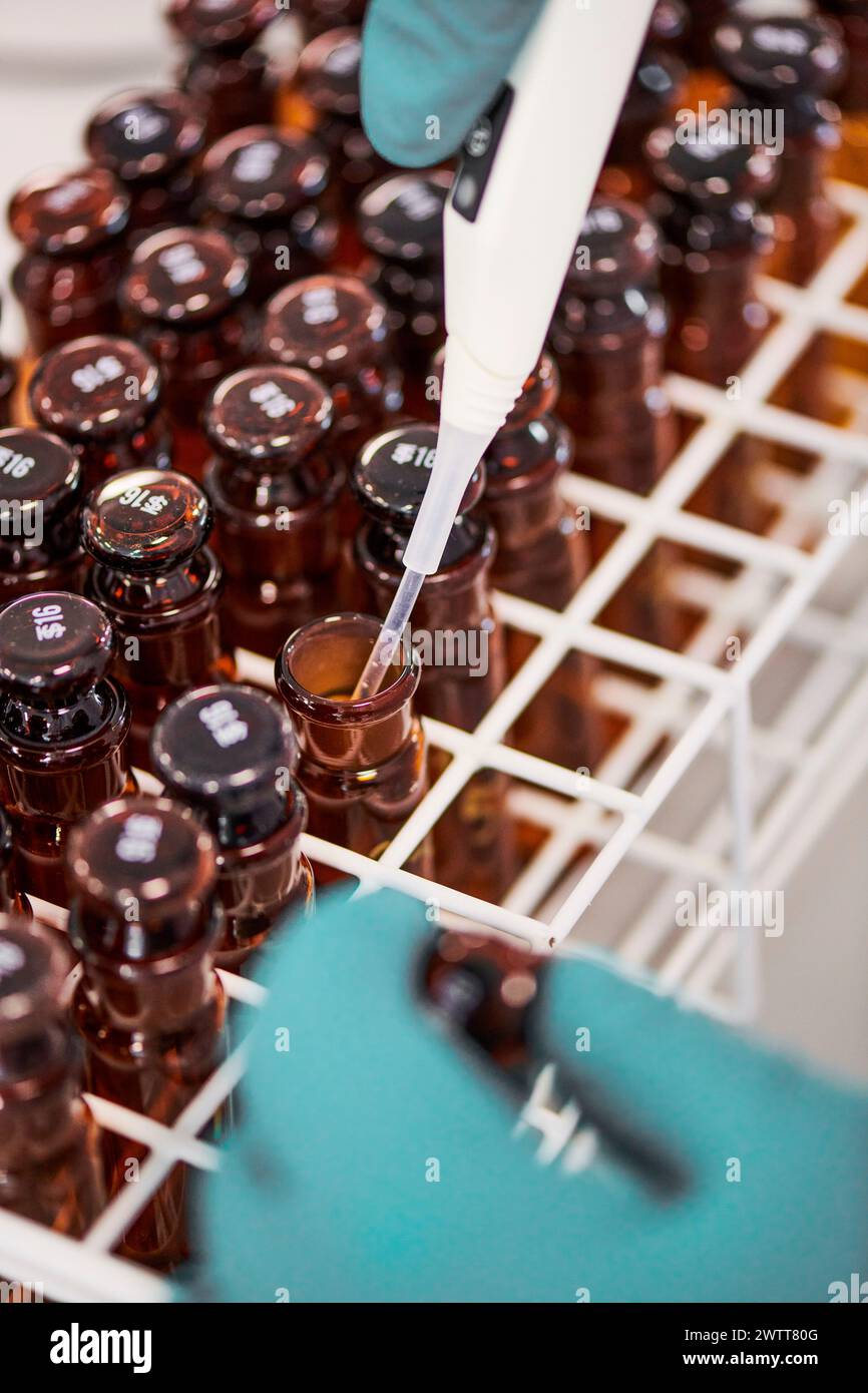 Scientifique de laboratoire travaillant avec de petits tubes à essai pour extraire des analyses de liquide pour le mdn, le sang et des expériences médicales Banque D'Images