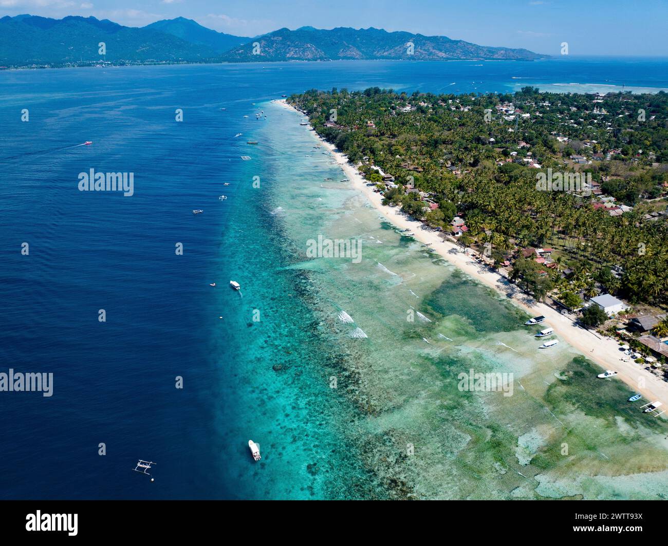 Vue aérienne d'une côte tropicale avec une eau bleu clair Banque D'Images