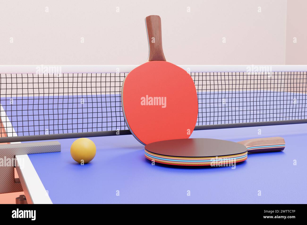 Raquettes pour tennis de table, ping-pong et une balle sur la table. Gros plan du rendu 3D. Banque D'Images