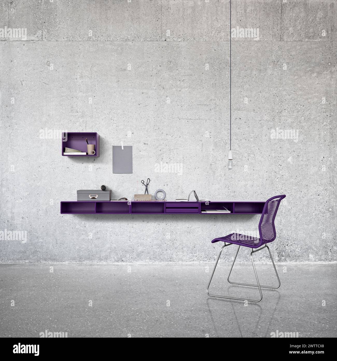 Bureau à domicile moderne minimaliste avec une élégante chaise violette et une élégante étagère murale Banque D'Images