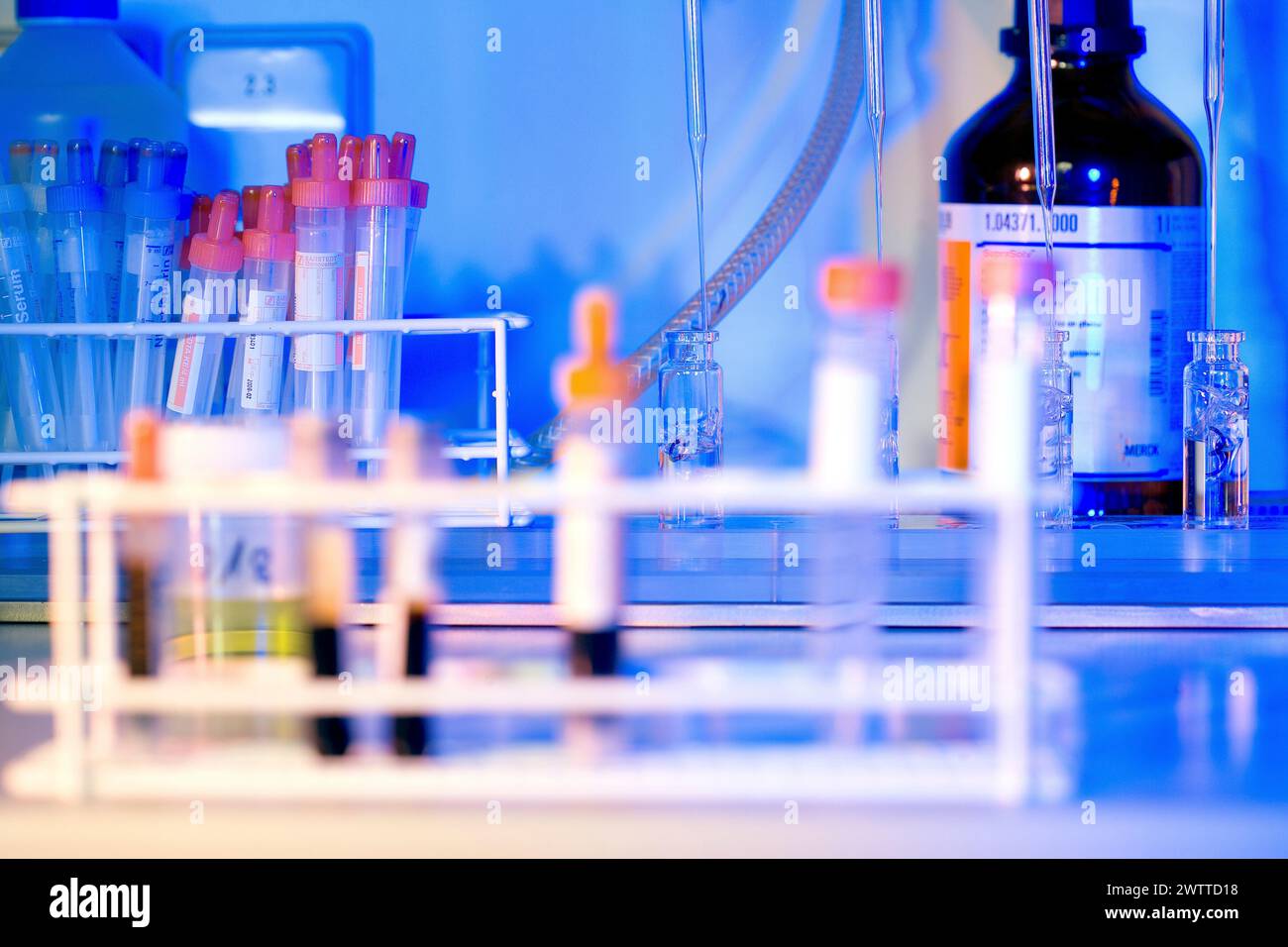 Un aperçu du monde scientifique avec des tubes à essai colorés et des équipements de laboratoire illuminés en bleu Banque D'Images