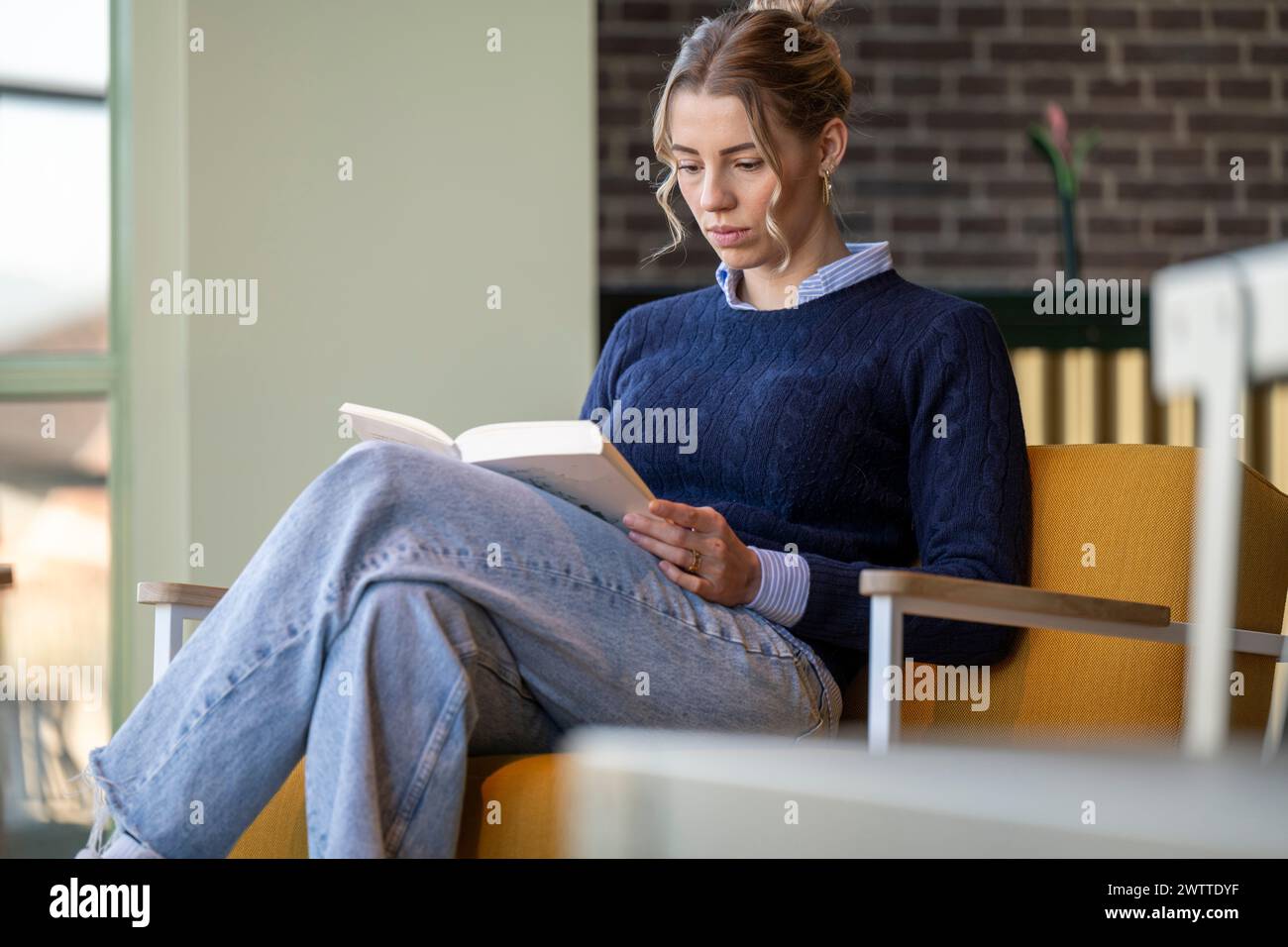 Femme engrossée dans la lecture d'un livre dans un coin confortable. Banque D'Images