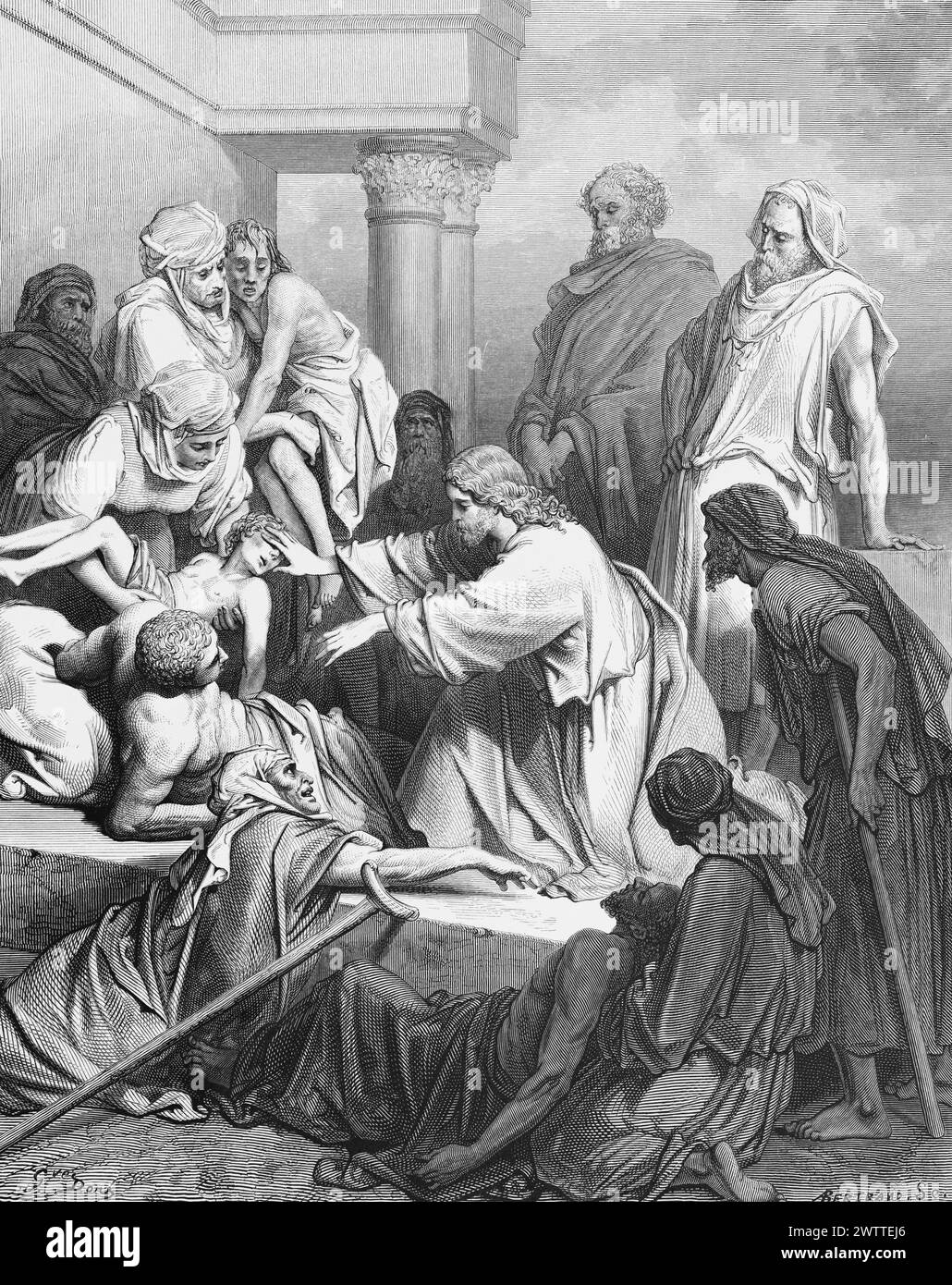 Jésus guérit les malades, ancien Testament, Bible, Evangile selon Matthieu 4, ilustration historique 1886 Banque D'Images