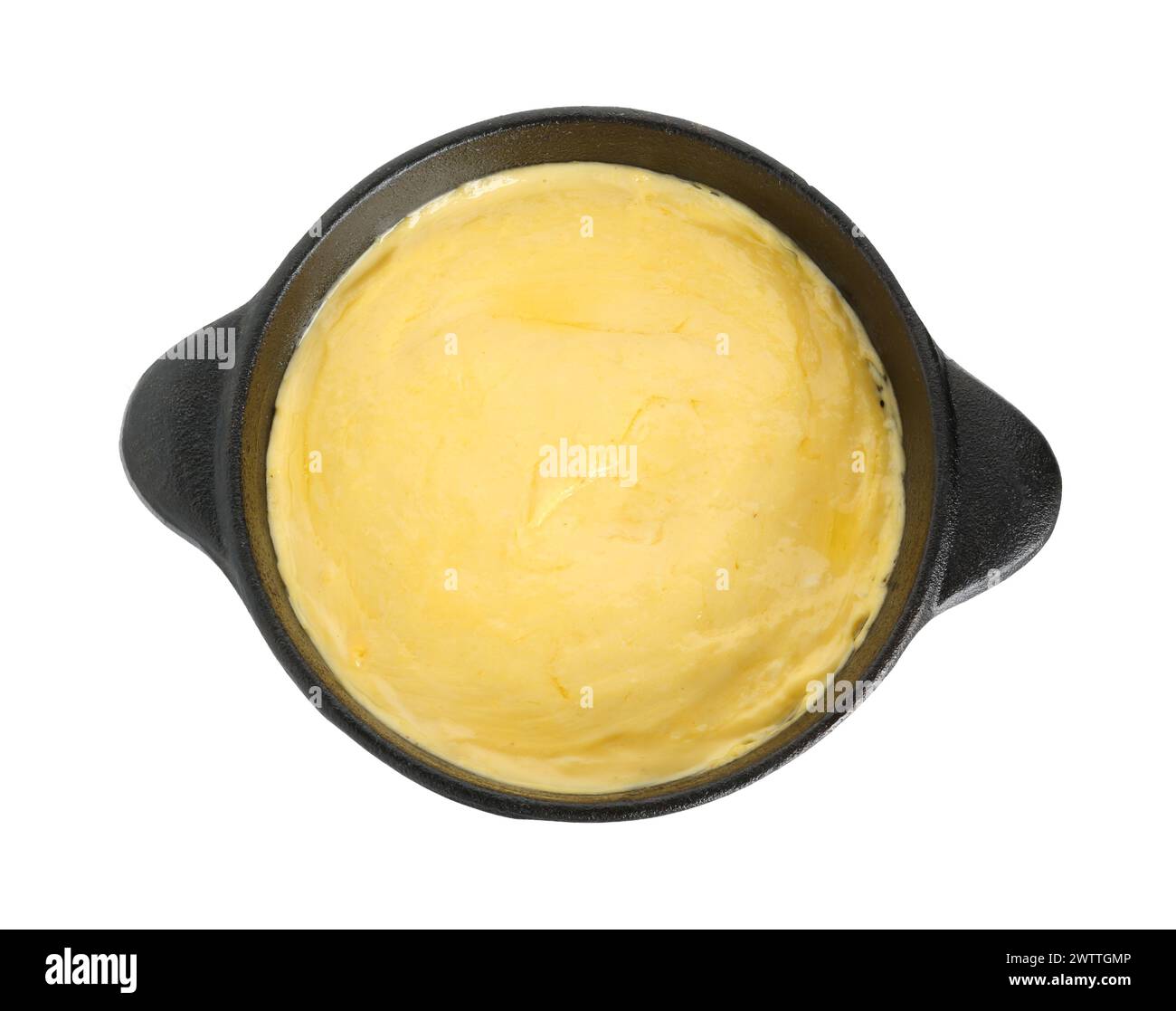 Fondue au fromage fondu savoureux isolé sur blanc, vue de dessus Banque D'Images