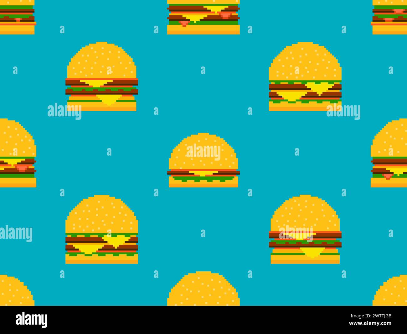 Modèle sans couture avec des burgers dans le style pixel art. Pixel cheeseburgers et hamburgers avec deux côtelettes et fromage. fast-food 8 bits dans un style rétro de Illustration de Vecteur