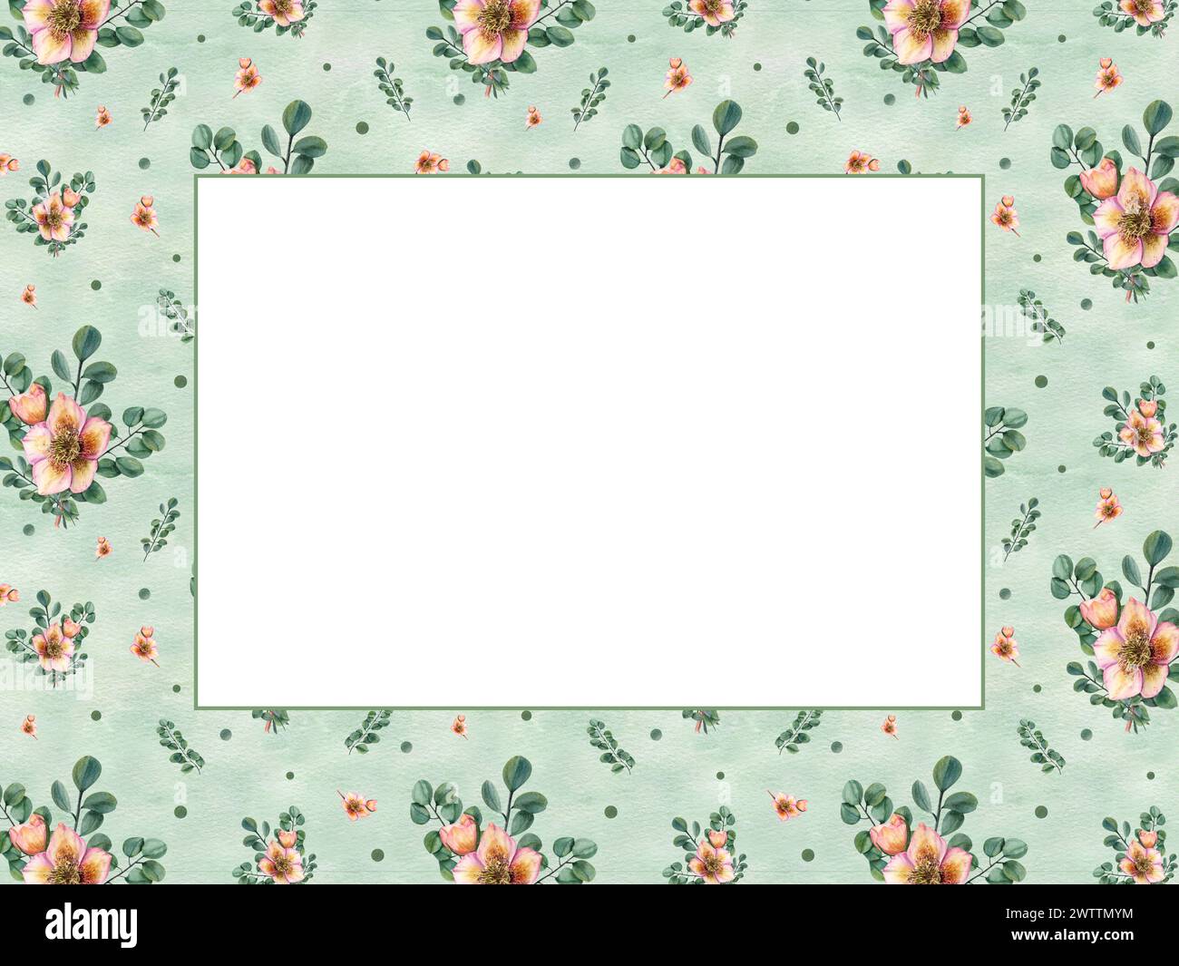 Hellebores, branches d'eucalyptus sur fond texturé vert. Cadre horizontal avec espace de copie. Bouquet de fleurs brisées, plantes vertes. Banque D'Images