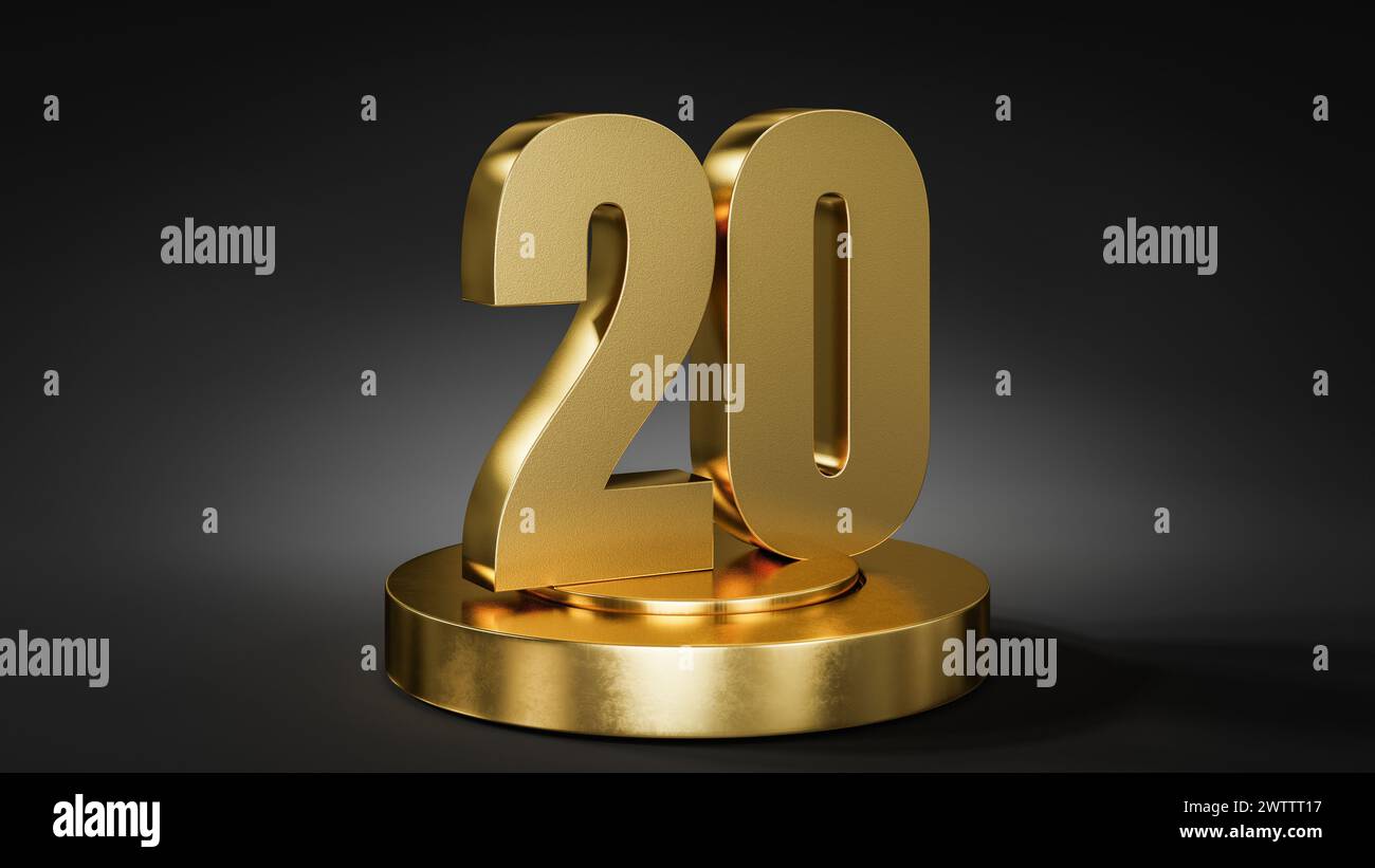 Le numéro 20 sur un piédestal / podium de couleur dorée devant un fond sombre avec un spot lumineux. Banque D'Images
