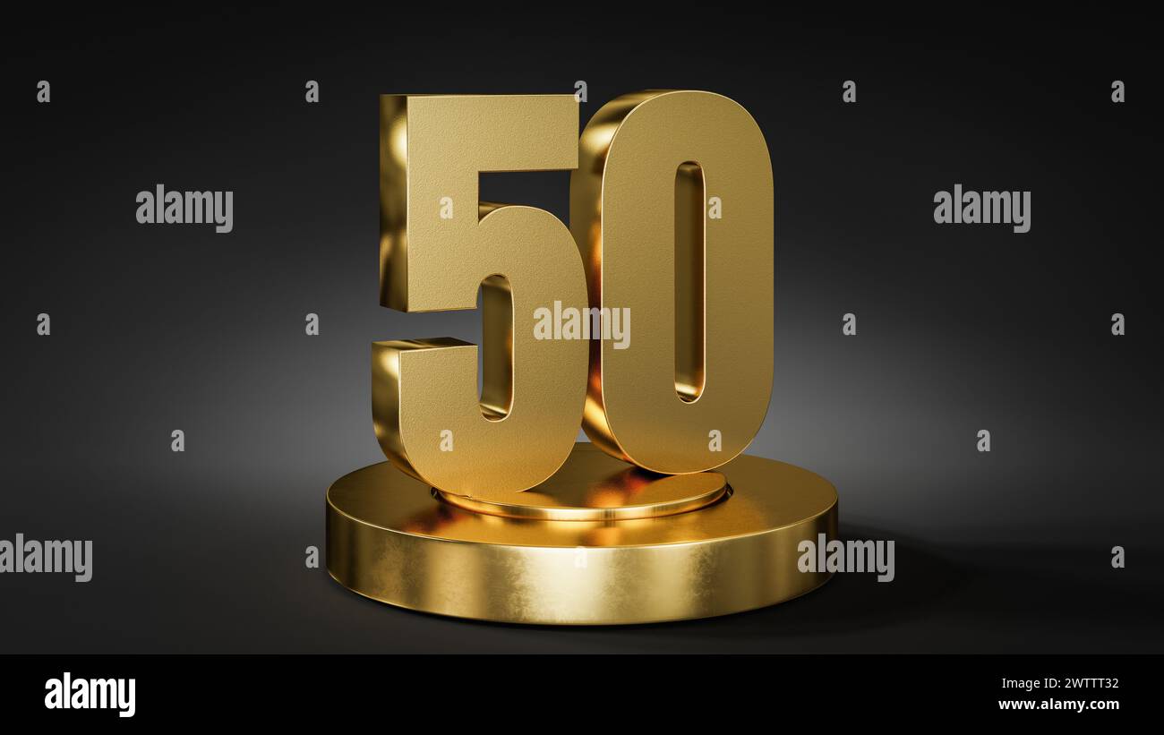 Le numéro 50 sur un piédestal / podium de couleur dorée devant un fond sombre avec un spot lumineux. Banque D'Images