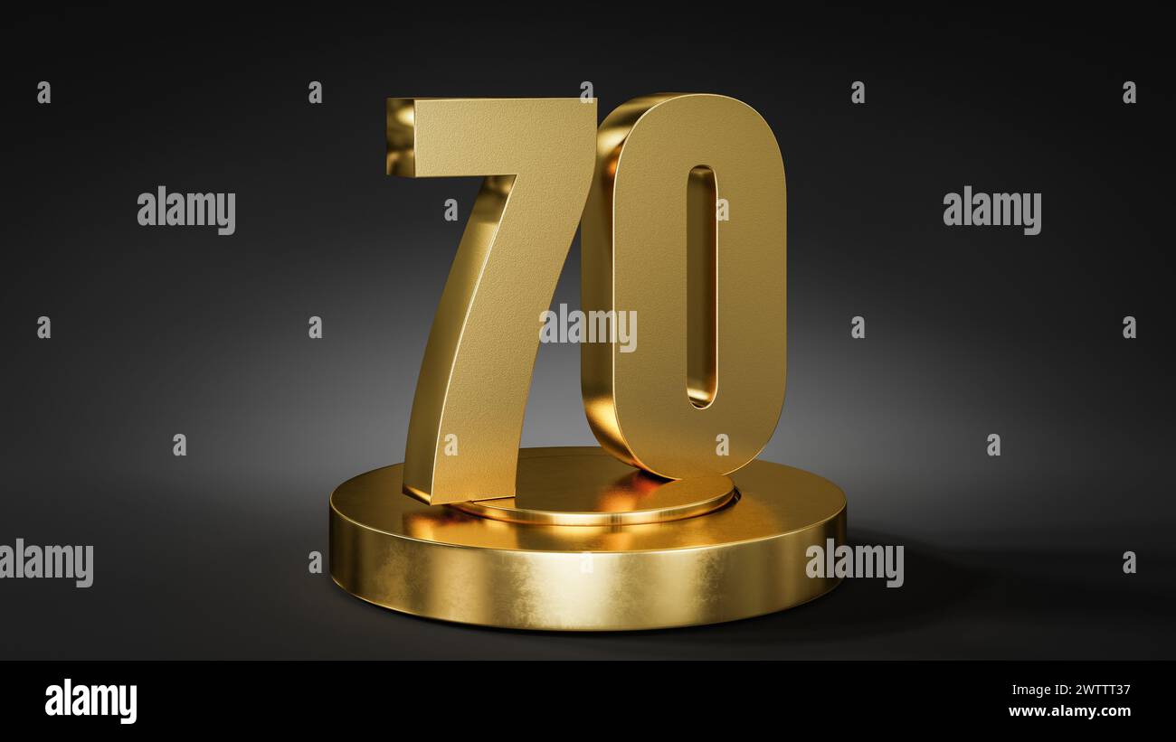 Le numéro 70 sur un piédestal / podium de couleur dorée devant un fond sombre avec un spot lumineux. Banque D'Images