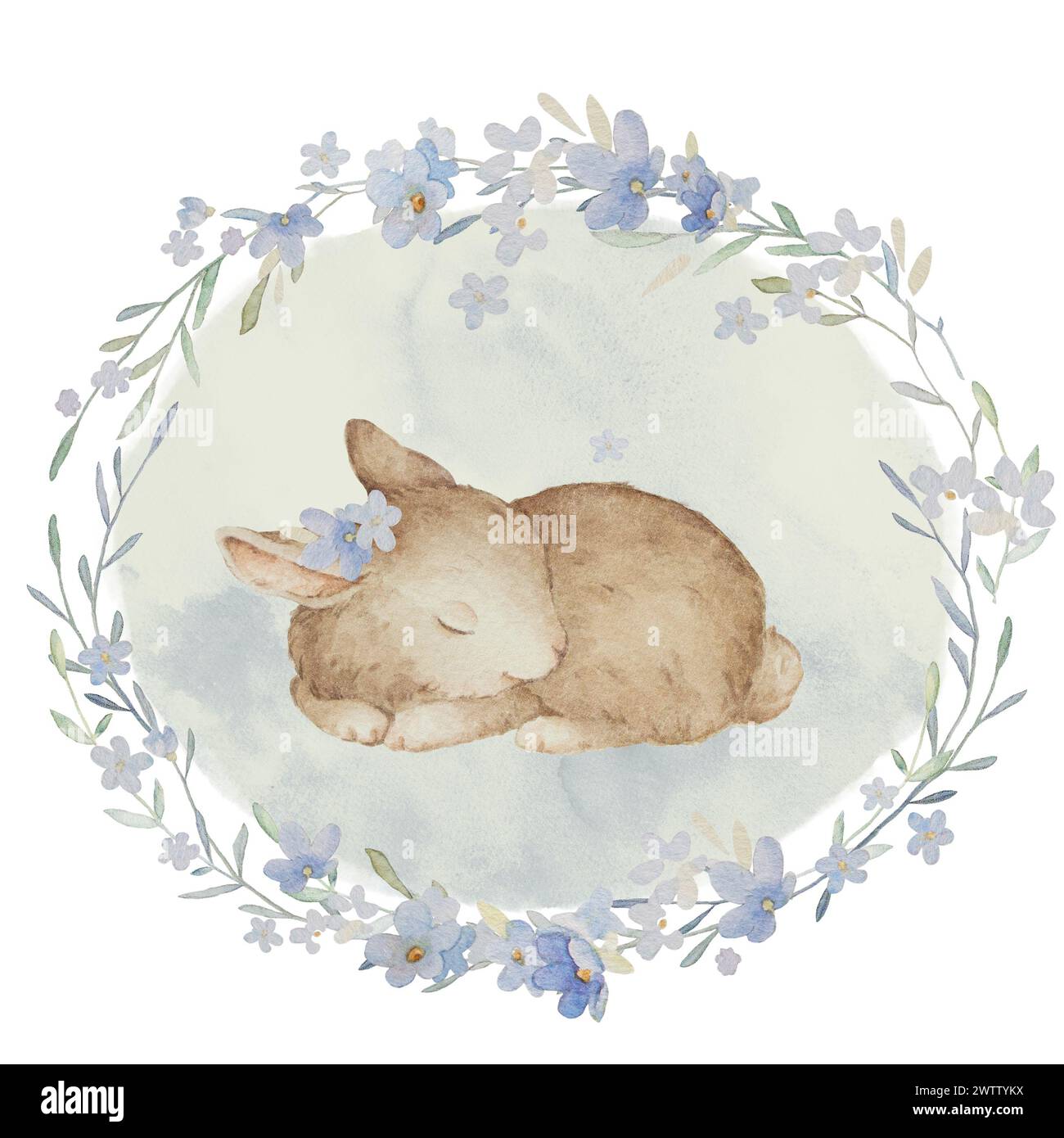 Cute Rabbit Sleep in Flowers Spring illustrations. Lapin de Pâques avec Forget me Not Flowers aquarelle Vintage Hand Drawn Clip Art. Lapin dans fleurs WR Banque D'Images
