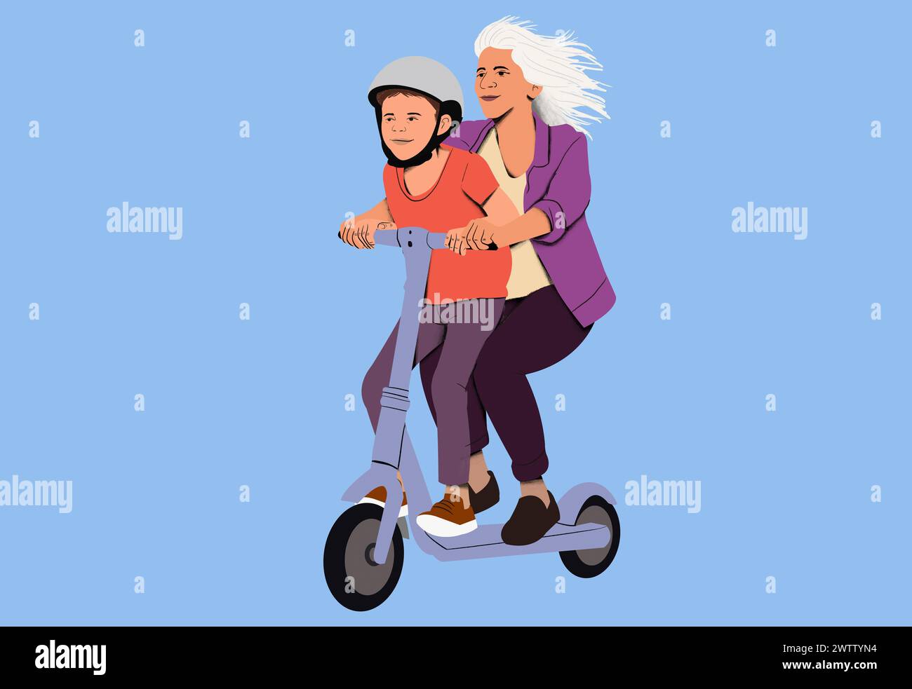 Grand-mère et petite-fille profitant d'une balade sur un scooter électrique ensemble. Banque D'Images