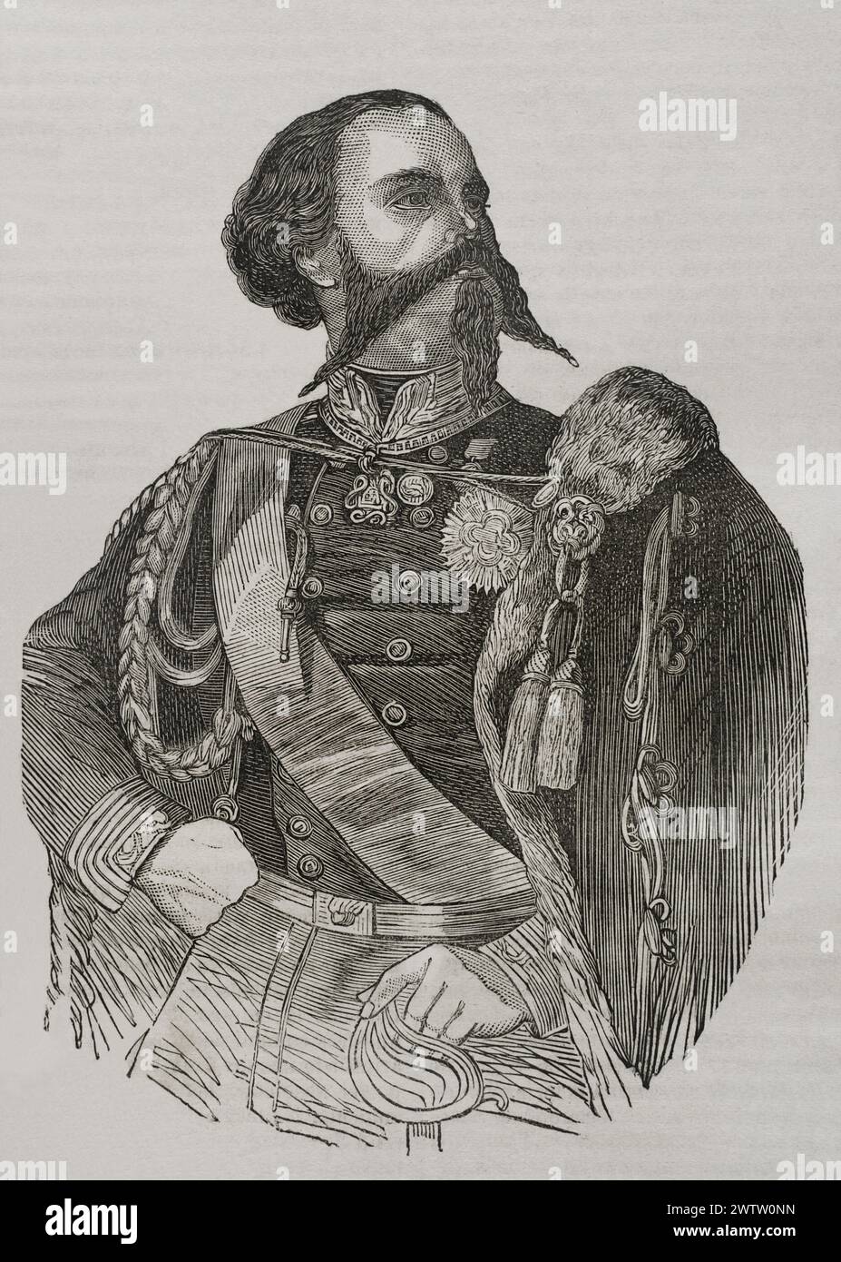 Victor-Emmanuel II (1820-1878) Dernier roi du Royaume de Sardaigne (1849-1861) et premier roi d'Italie (1861-1878). Portrait. Gravure. Historia de la Guerra de Francia y Prusia (histoire de la guerre entre la France et la Prusse). Volume II. Publié à Barcelone, 1871. Banque D'Images