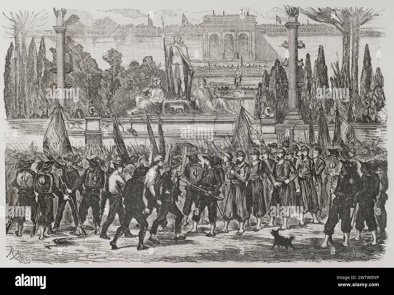 Unification de l'Italie. Capture de Rome. Occupation de Rome par les troupes du Royaume d'Italie dirigées par le général Raffaele Cadorna le 20 septembre 1870. Les troupes italiennes prennent possession de la Piazza del Popolo, empêchant les gens ordinaires attaquant les Zouaves pontificaux faits prisonniers. Dessin de R. Padró. Gravure de Sadurní. Historia de la Guerra de Francia y Prusia (histoire de la guerre entre la France et la Prusse). Volume II. Publié à Barcelone, 1871. Auteur : Celestino Sadurní (c. 1830-1896). Graveur espagnol. Ramón Padró y Pedret (1848-1915) Peintre espagnol. Banque D'Images
