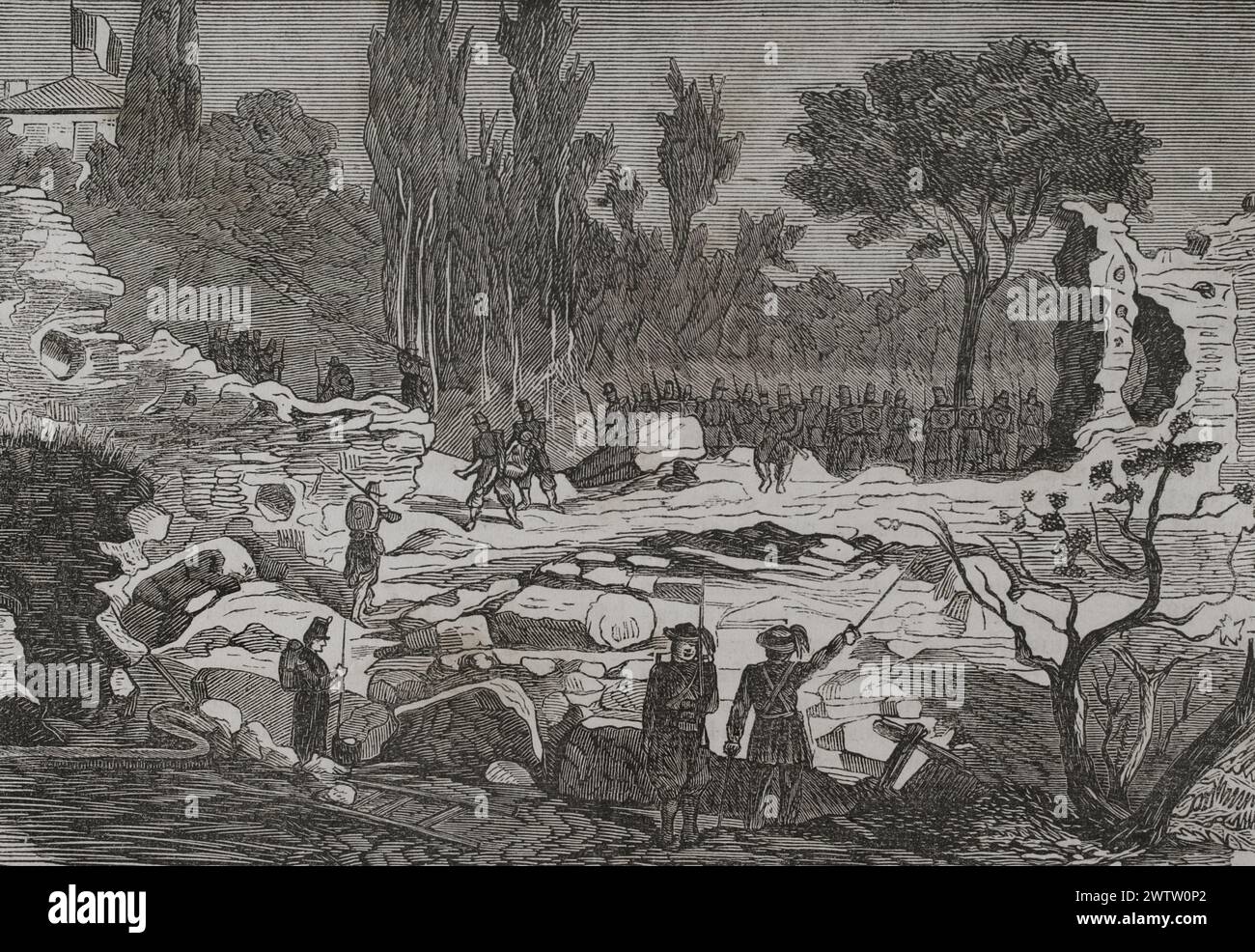 Unification de l'Italie. Capture de Rome. Occupation de Rome par les troupes du Royaume d'Italie dirigées par le général Raffaele Cadorna le 20 septembre 1870. Gravure. Historia de la Guerra de Francia y Prusia (histoire de la guerre entre la France et la Prusse). Volume II. Publié à Barcelone, 1871. Banque D'Images