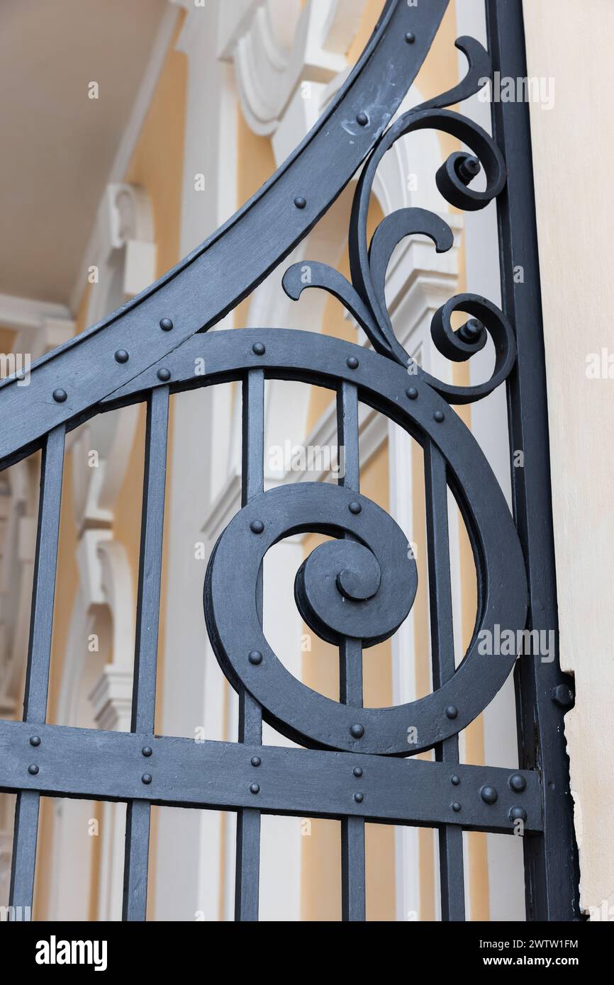 Détails de décoration de portail forgé noir vintage, photo verticale en gros plan avec mise au point sélective, modèle d'architecture classique Banque D'Images