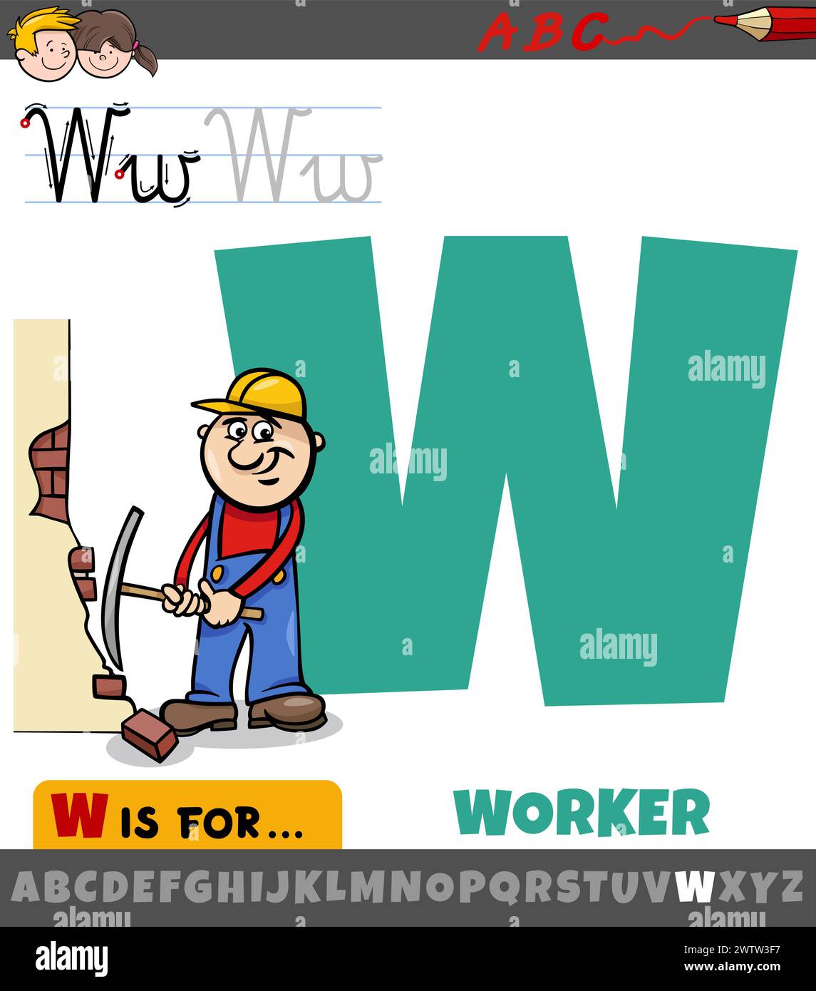 Illustration de dessin animé éducatif de la lettre W de l'alphabet avec caractère ouvrier Illustration de Vecteur