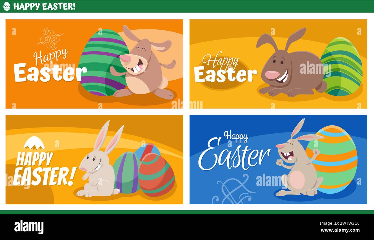Illustration de dessin animé de personnages de lapins de Pâques heureux avec des oeufs de Pâques peints ensembles de conceptions de cartes de voeux Illustration de Vecteur