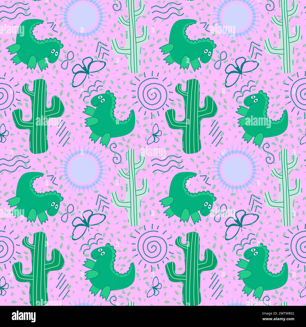 Désert d'été sans couture animaux dinosaures cactus et motif de soleil pour l'emballage du papier et des tissus et des draps et des enfants impression et emballage festif et partie Banque D'Images