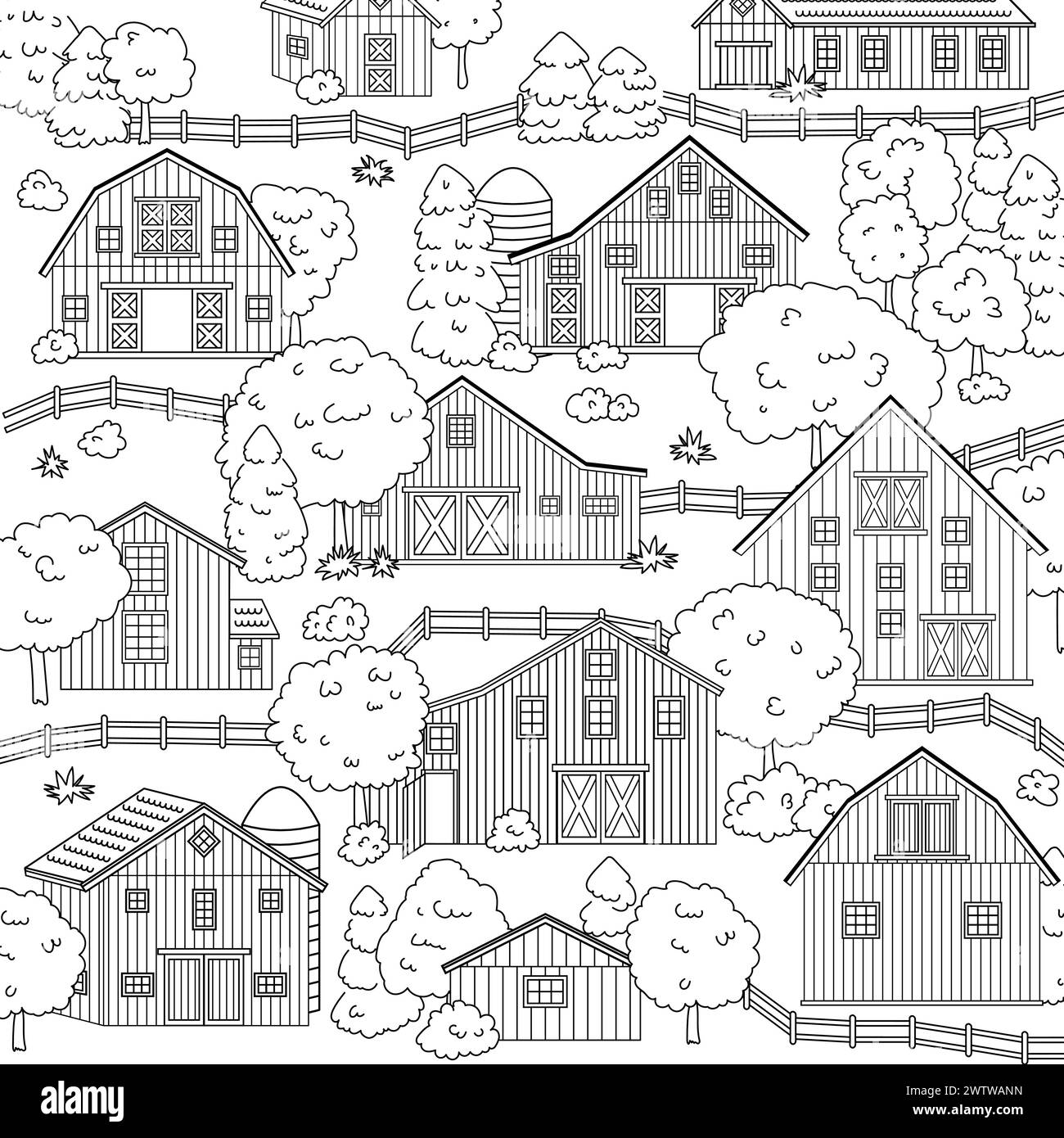 Grand ensemble de granges en bois noir blanc rouge dans la campagne. Scène de paysage avec des maisons, des arbres et une clôture sur le fond blanc pour livre de coloriage. Vecteur Illustration de Vecteur Grand ensemble de granges en bois noir blanc rouge dans la campagne. Scène de paysage avec des maisons, des arbres et une clôture sur le fond blanc pour livre de coloriage. Vecteur Illustration de Vecteur