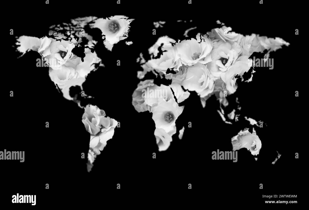 Carte du monde faite de belles fleurs sur fond noir, effet noir et blanc. Conception de bannière Banque D'Images