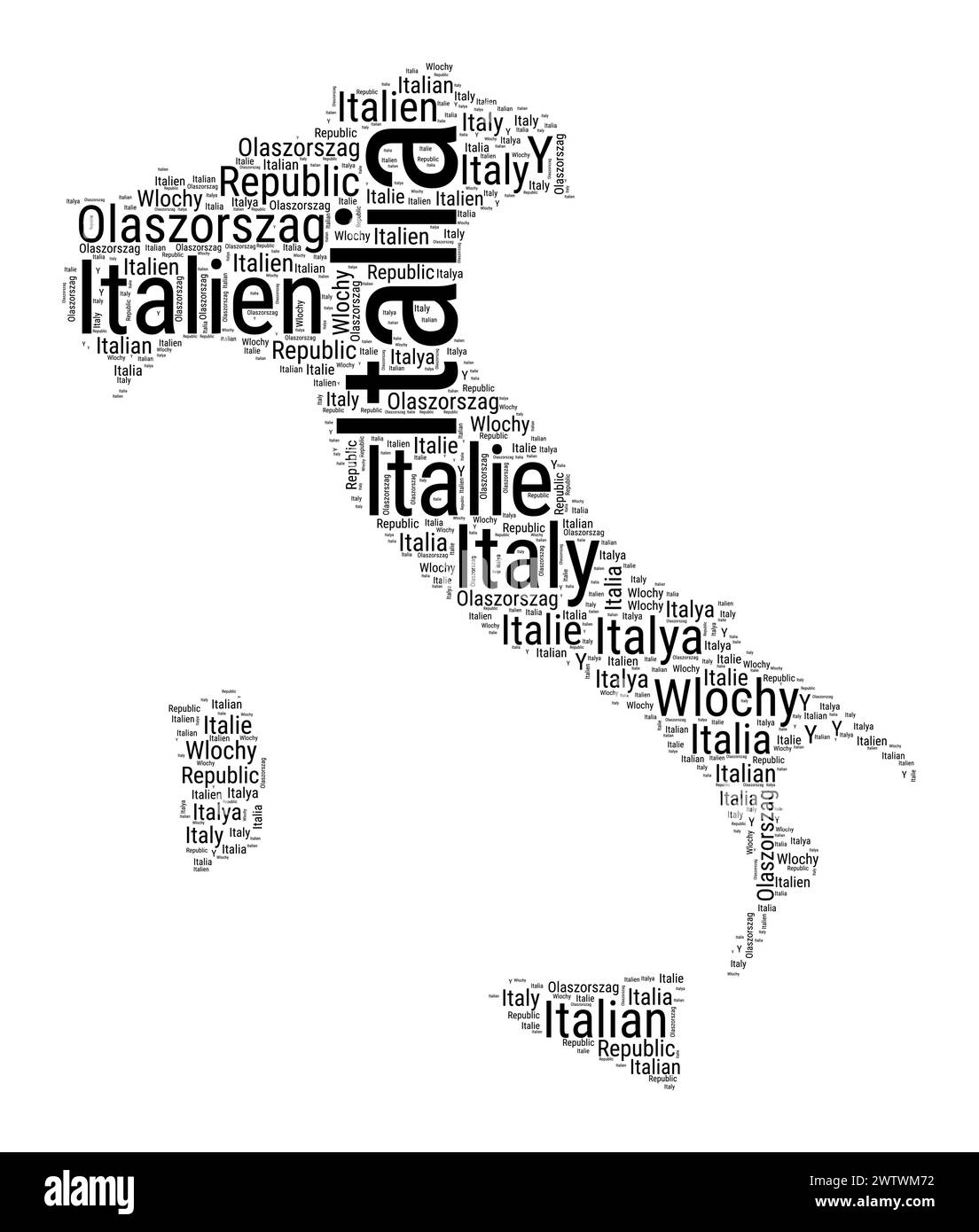 Nuage de mots noir et blanc en forme d'Italie. Illustration de pays de style typographique simple. Nuage de texte noir Italie simple sur fond blanc. Illustration de Vecteur