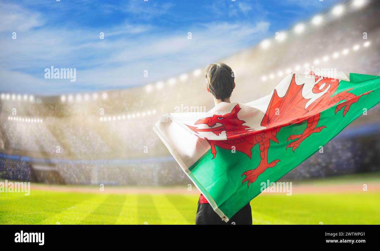 Les fans du pays de Galles sur le stade. Soutiens gallois. La foule applaudissent à la victoire de l'équipe de football du pays de Galles. Match de football en extérieur. Banque D'Images