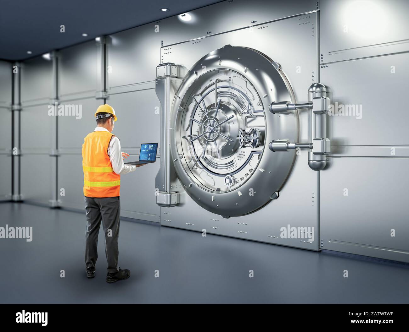 Ingénieur ou technicien travaillant avec la porte de coffre-fort de banque numérique Banque D'Images